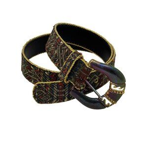 Capezio Womens Vtg Tapestry Belt Metallic Gold Geometric Patina Metal Buckle M/L